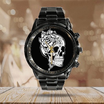 Discover Skull Dia de los Muertos Halloween Tattoo Rose Calendar Steel Band Watch