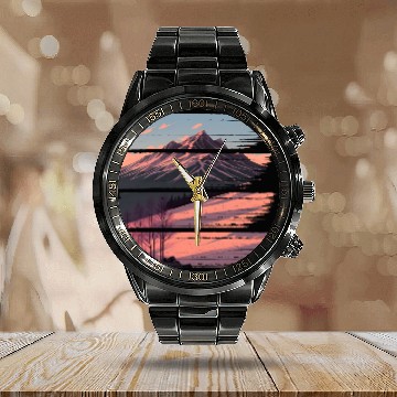 Discover Sunrise Mountain Calendar Steel Band Watch