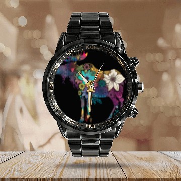 Discover Floral Moose Elk Deer Wild Animal Watercolor Calendar Steel Band Watch