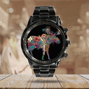 Discover Floral Moose Elk Deer Wild Animal Watercolor 3 Calendar Steel Band Watch