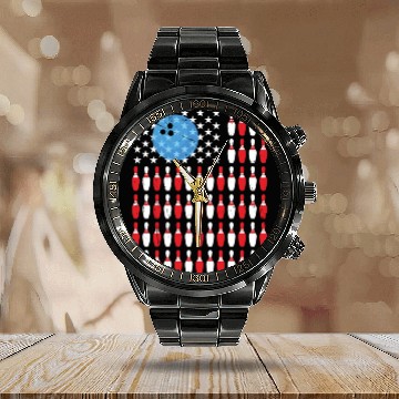 Discover US Flag Bowling Pin Calendar Steel Band Watch