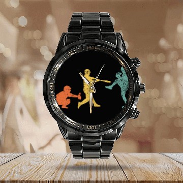 Discover Baseball Catcher Pitcher Batter Vintage Calendar Steel Band Watch