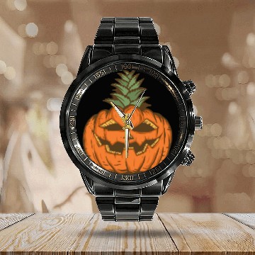 Discover Halloween Pineapple Pumpkin Calendar Steel Band Watch