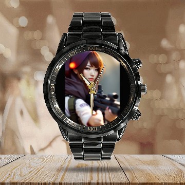 Discover A beautiful girl with a gun Calendar Steel Band Watch