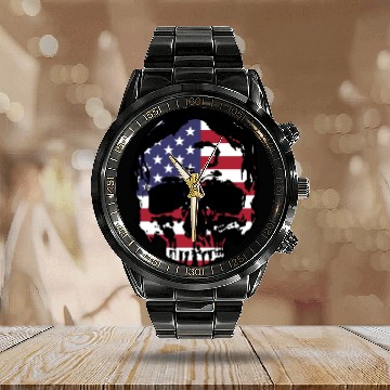 Discover skull head with american flag Calendar Steel Band Watch