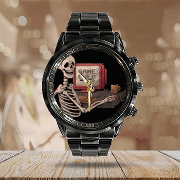 Discover Game Over Skull Funny Geek Skeleton Gift Calendar Steel Band Watch