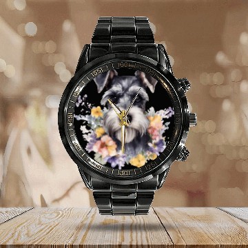 Discover Schnauzer Dog Watercolor Floral Calendar Steel Band Watch