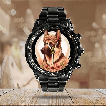 Discover German Shepherd Flower Crown Dog Breed Floral Farm Calendar Steel Band Watch