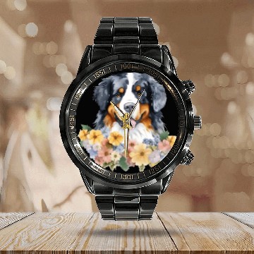 Discover Bernese Mountain Dog Watercolor Floral Calendar Steel Band Watch