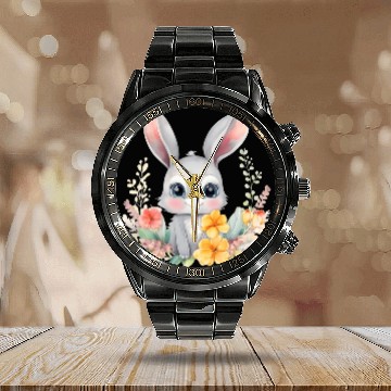 Discover Grey Bunny Rabbit Watercolor Floral Calendar Steel Band Watch