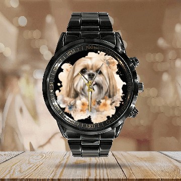 Discover Lhasa Apso Dog Watercolor Floral Calendar Steel Band Watch