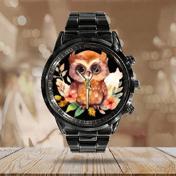 Discover Brown Owl Forest Animal Watercolor Floral Calendar Steel Band Watch