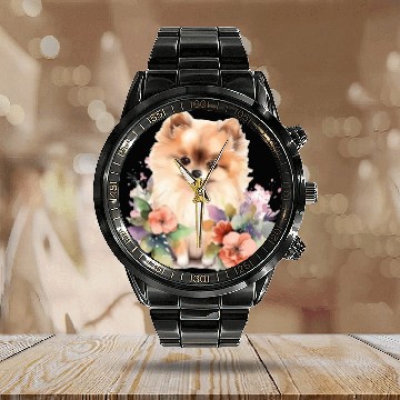 Discover Pomeranian Dog Watercolor Floral Calendar Steel Band Watch