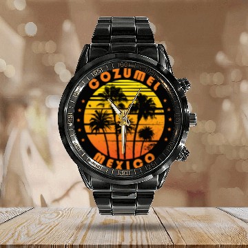 Discover Retro Cozumel Mexico Souvenir Vintage Palm Tree Calendar Steel Band Watch
