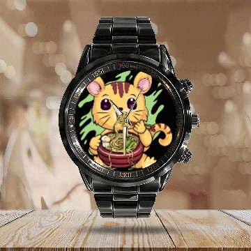 Discover Kawaii Cat Eating Ramen Calendar Steel Band Watch