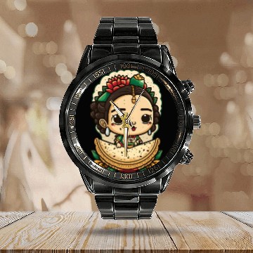 Discover Frida Kahlo & Tacos Cinco De Mayo Mexican Fiesta Calendar Steel Band Watch