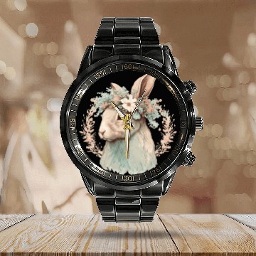 Discover Flower Crown Bunny Rabbit Floral Farm Animal Pet Calendar Steel Band Watch