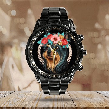 Discover Cute Yorkshire Terrier Flower Crown Pet Dog Breed Calendar Steel Band Watch