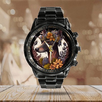Discover Cute Miniature Pinscher Flower Crown Pet Dog Breed Calendar Steel Band Watch