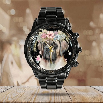 Discover Cute English Mastiff Flower Crown Pet Dog Breed Fl Calendar Steel Band Watch