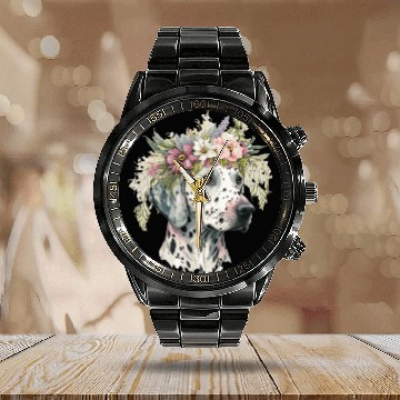 Discover Dalmatian Flower Crown Pet Dog Floral Puppy Calendar Steel Band Watch