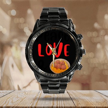 Discover Peace Love and Meatballs Calendar Steel Band Watch