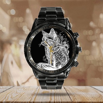 Discover Tattoo Lines Cat In Wild Nature Style Calendar Steel Band Watch