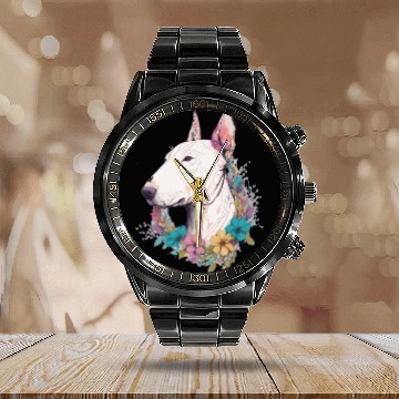 Discover Cute Bull Terrier Flower Crown Pet Dog Breed Flora Calendar Steel Band Watch