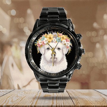 Discover Cute Bichon Frise Flower Crown Pet Dog Breed Flora Calendar Steel Band Watch