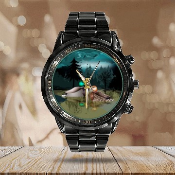 Discover Duck couple in the duck pond at night & moonlight Calendar Steel Band Watch