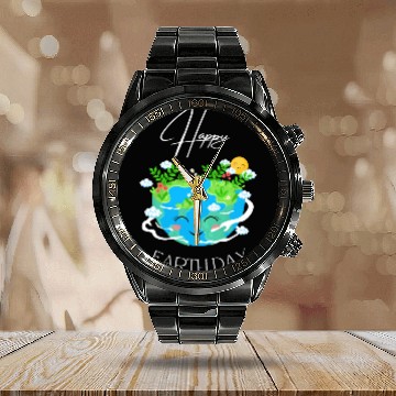Discover Green and Blue Happy Earth Day Calendar Steel Band Watch