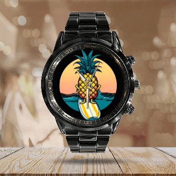 Discover Kawaii pineapple on at sunset Calendar Steel Band Watch