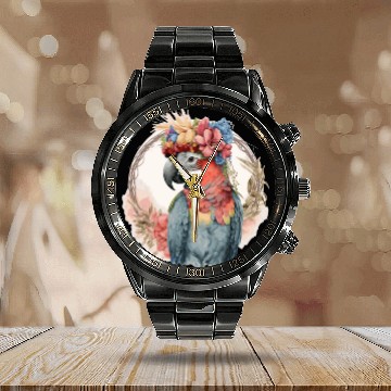 Discover Colorful Parrot Watercolor Macaw Bird Flower Crown Calendar Steel Band Watch