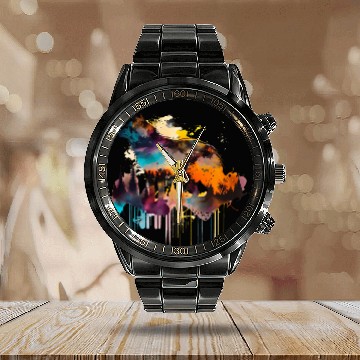 Discover Mountain Wolf Multicolor Watercolor Portrait Calendar Steel Band Watch