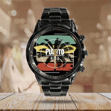 Discover Puerto Rico Artistic Palm Tree Retro Calendar Steel Band Watch