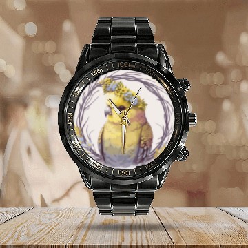 Discover Cute Yellow Budgie Parakeet Bird Flower Crown Pet Calendar Steel Band Watch