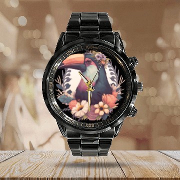 Discover Cute Toucan Tropical Bird Flower Crown Jungle Bird Calendar Steel Band Watch