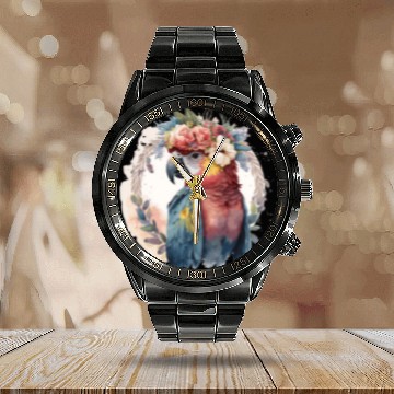 Discover Watercolor Parrot Macaw Bird Flower Crown Pet Bird Calendar Steel Band Watch