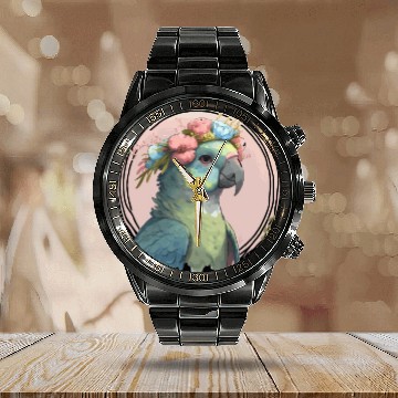 Discover Cute Hahn's Macaw Bird Flower Crown Pet Birds Calendar Steel Band Watch