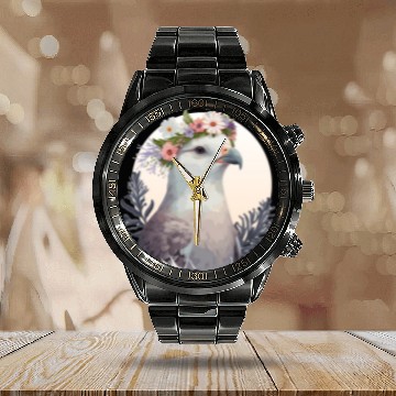 Discover Cute Fulmar Bird Flower Crown Floral Tropical Bird Calendar Steel Band Watch