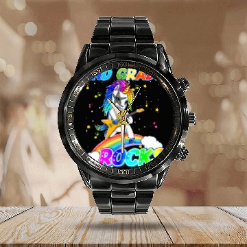 Discover 2nd Grade Rocks Unicorn Rainbow Back Calendar Steel Band Watch