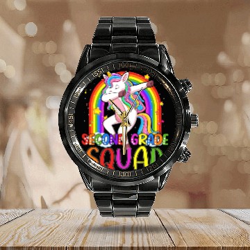Discover 2nd Grade Squad Dabbing Unicorn Rainbow Back Calendar Steel Band Watch