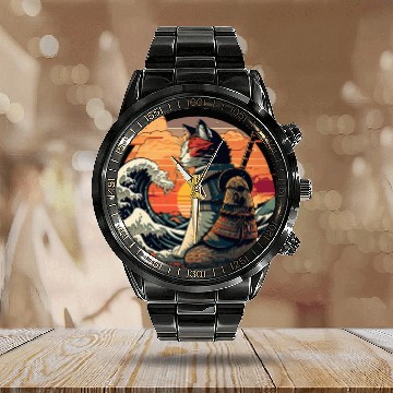 Discover Retro samurai cat The Great Wave Hokusai Calendar Steel Band Watch