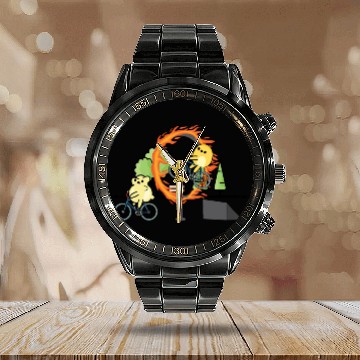 Discover Cute popcorn doing stunts with bicycle Calendar Steel Band Watch