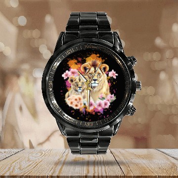 Discover Lion Mom & Son Cubs with Flower Watercolor Calendar Steel Band Watch