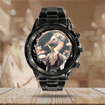 Discover Cute Stork Bird Flower Crown Floral Birds Calendar Steel Band Watch