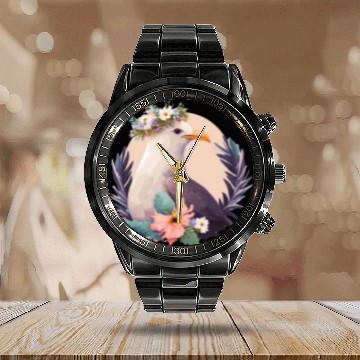 Discover Cute Seagull Bird Flower Crown Floral Birds Calendar Steel Band Watch