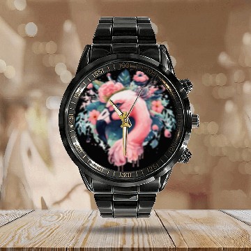 Discover Cute Pink Flamingo Tropical Bird Flower Crown Flor Calendar Steel Band Watch