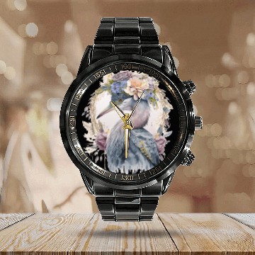 Discover Watercolor Heron Freshwater Bird Watching Flower C Calendar Steel Band Watch
