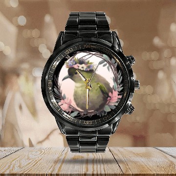 Discover Tropical Kiwi Bird Flower Crown Floral Exotic Bird Calendar Steel Band Watch